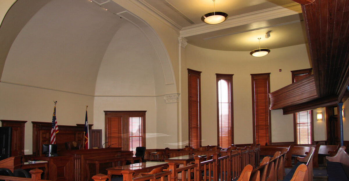 The large courtroom on the second floor of the Hopkins County Courthouse in Sulphur Springs Texas United States