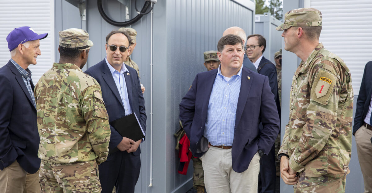Rep Adam Smith Chairman of the House Armed Services Committee and Reps Rick Larsen and Steven Palazzo members of the House Armed Services Committee meet Burt s Knights on Pabrade Training Area Lithuania August 12 A balanced mix of rotational and permanent forces across Europe strengthens NATO reassures Allies and improves strategic and operational flexibility U S Army photo by Spc Joshua Thorne