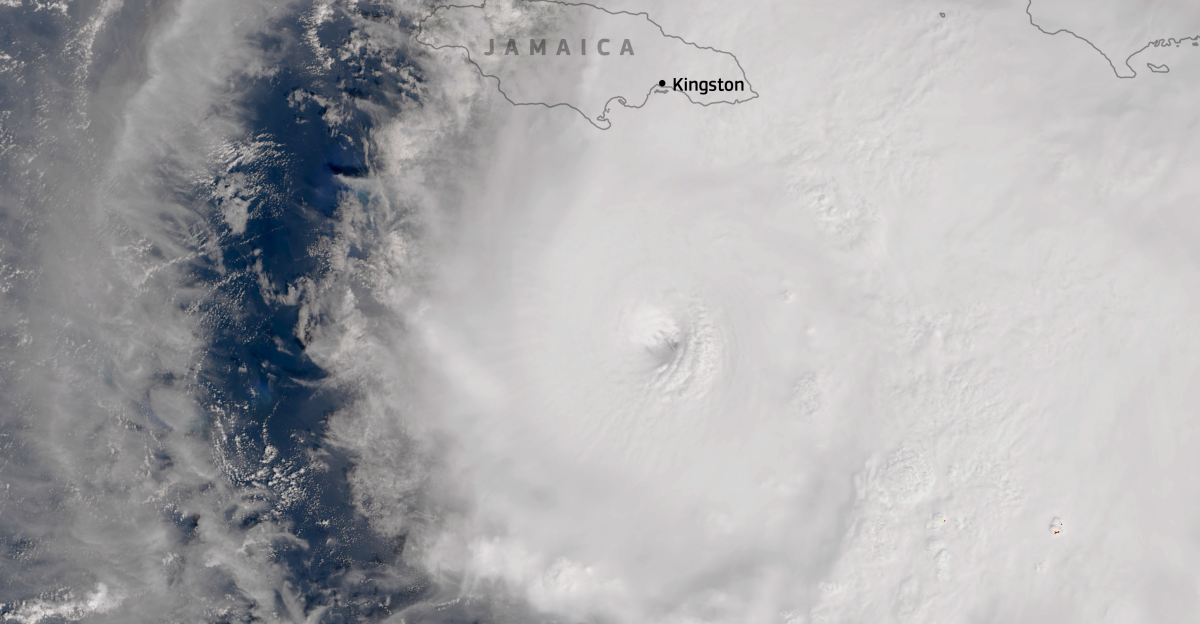 After forming in the central Atlantic Ocean at the end of October 2025 Hurricane Melissa underwent rapid intensification as it moved westward across the Atlantic reaching Category 4 status with sustained winds of 225 km h The storm then began to move west-north-west passing through the Greater Antilles and severely affecting the Dominican Republic Haiti Jamaica and eastern Cuba causing at least four casualties This image acquired by one of the Copernicus Sentinel-3 satellites on 26 October 2025 shows the eye of Hurricane Melissa approximately 175 km south of Kingston Jamaica Copernicus Sentinel data is crucial for assessing the environmental impacts of tropical storms After landfall this data can be used to map flooded areas monitor coastal erosion and evaluate damage to ecosystems and land use helping to support recovery operations and long-term climate resilience
