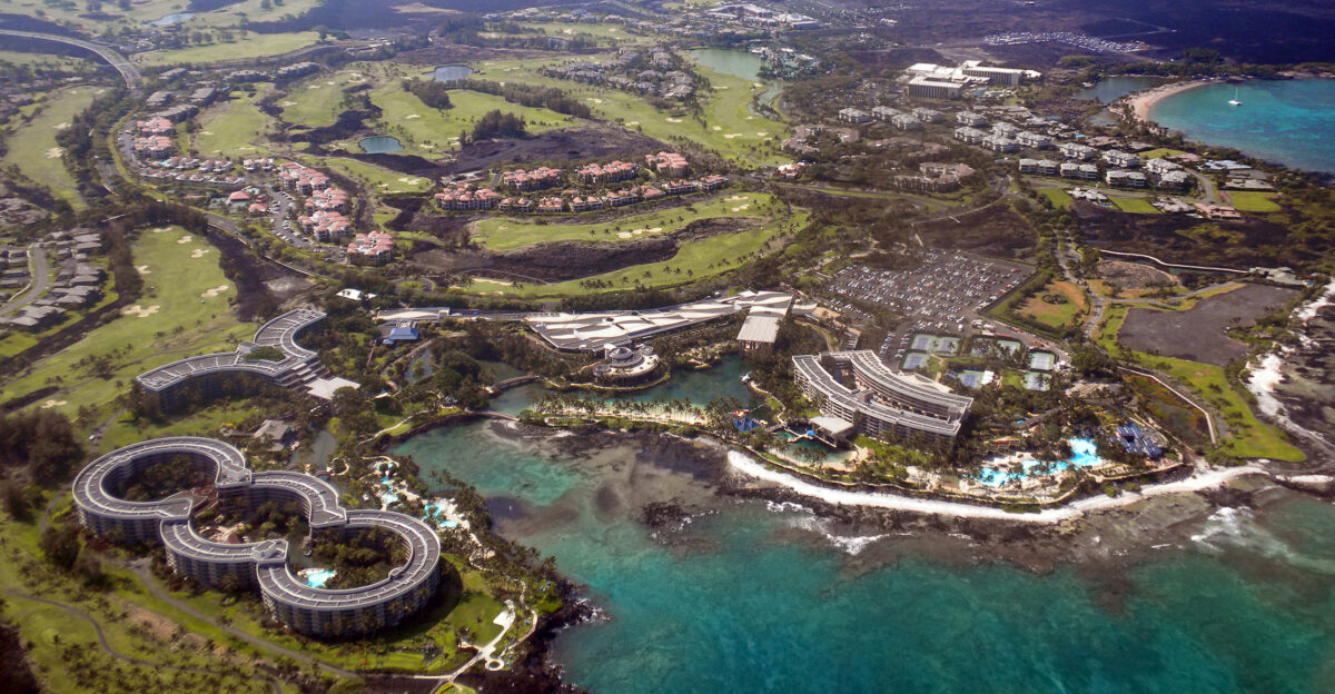 Aerial of the Hilton Waikoloa located along the South Kohala coast on the Big Island of Hawaii