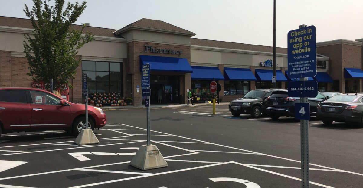 During covid select Kroger stores offered grocery pickup The customer selects the desired groceries using a website or an app on their smartphone and someone from the store will gather them and load them into the car at the appointed time This service is so popular during the coronavirus pandemic that the store in the Hunters Ridge Shopping Center now has 14 newly created parking spaces reserved for the pickup