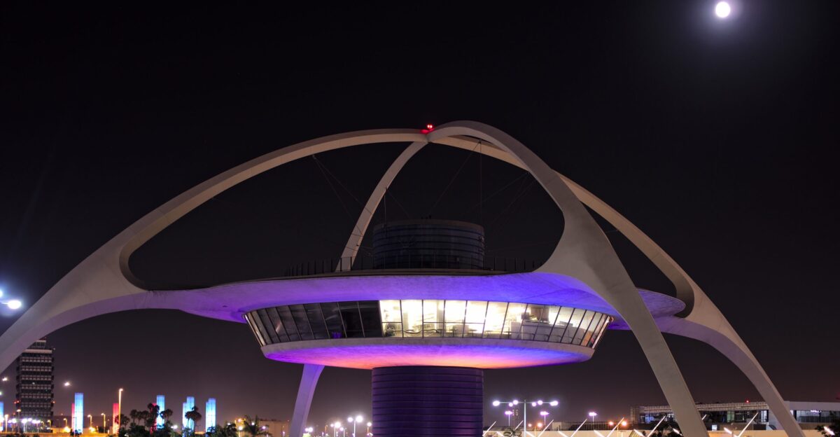 Moon over the Theme Building at LAX viewed from the northwest