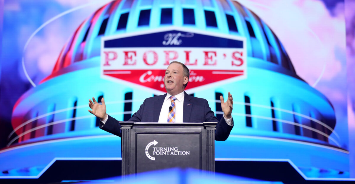 Former U S Congressman Lee Zeldin speaking with attendees at The People s Convention at Huntington Place in Detroit Michigan