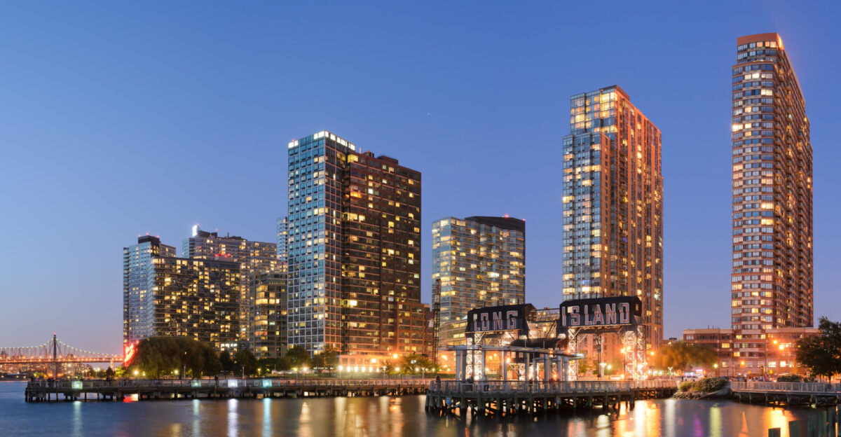 Three-segment panorama of Long Island City Queens New York City