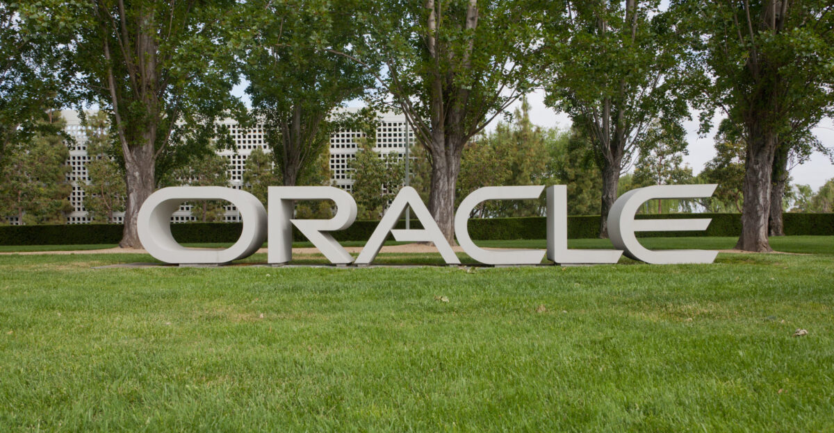 Oracle sign at Oracle Corporation headquarters in Redwood Shores Redwood City California
