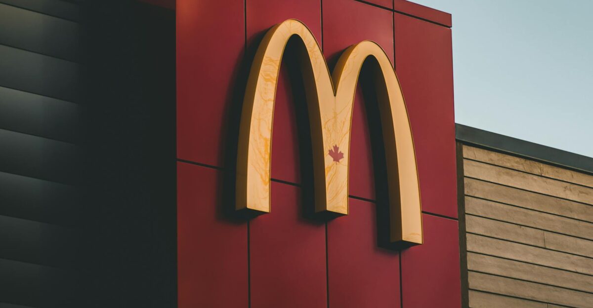 Close-up of McDonald s logo featuring a maple leaf on a building in Surrey BC Canada