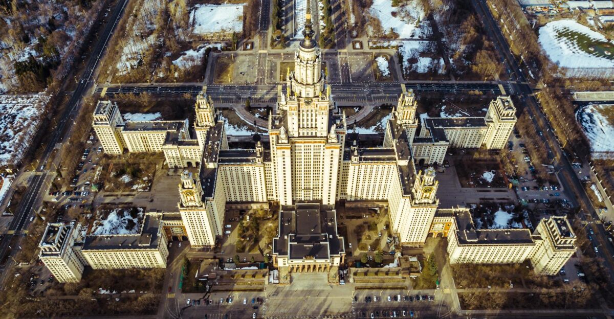 Stunning aerial image capturing the iconic Moscow State University in winter