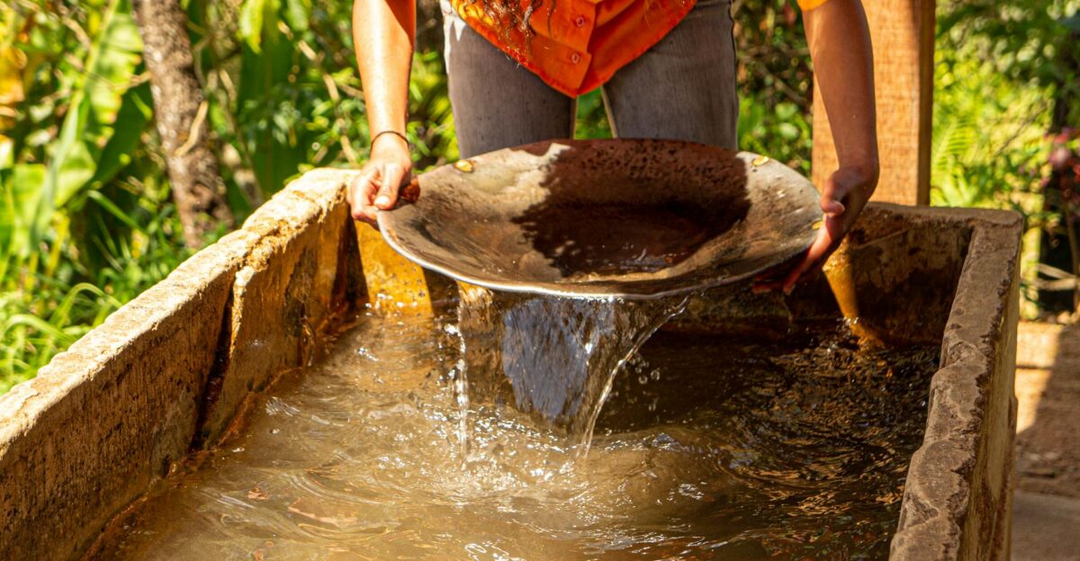 Person gold panning with traditional methods sifting water in a sunny outdoor setting