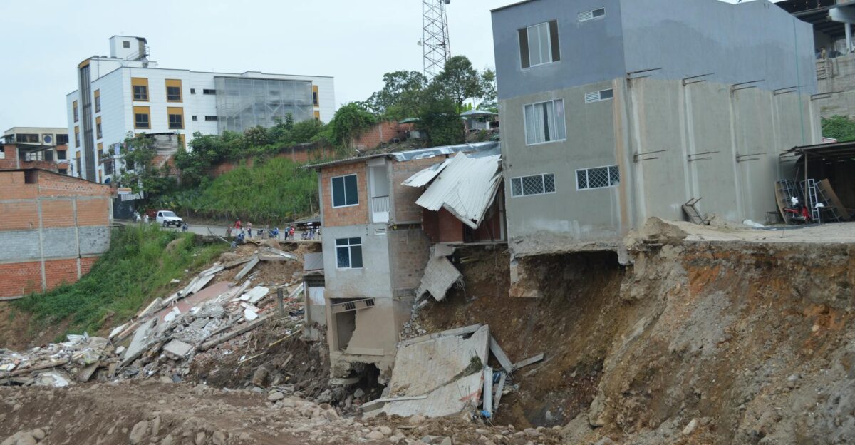 Severely damaged urban buildings after a landslide in Mocoa Colombia showcasing destruction