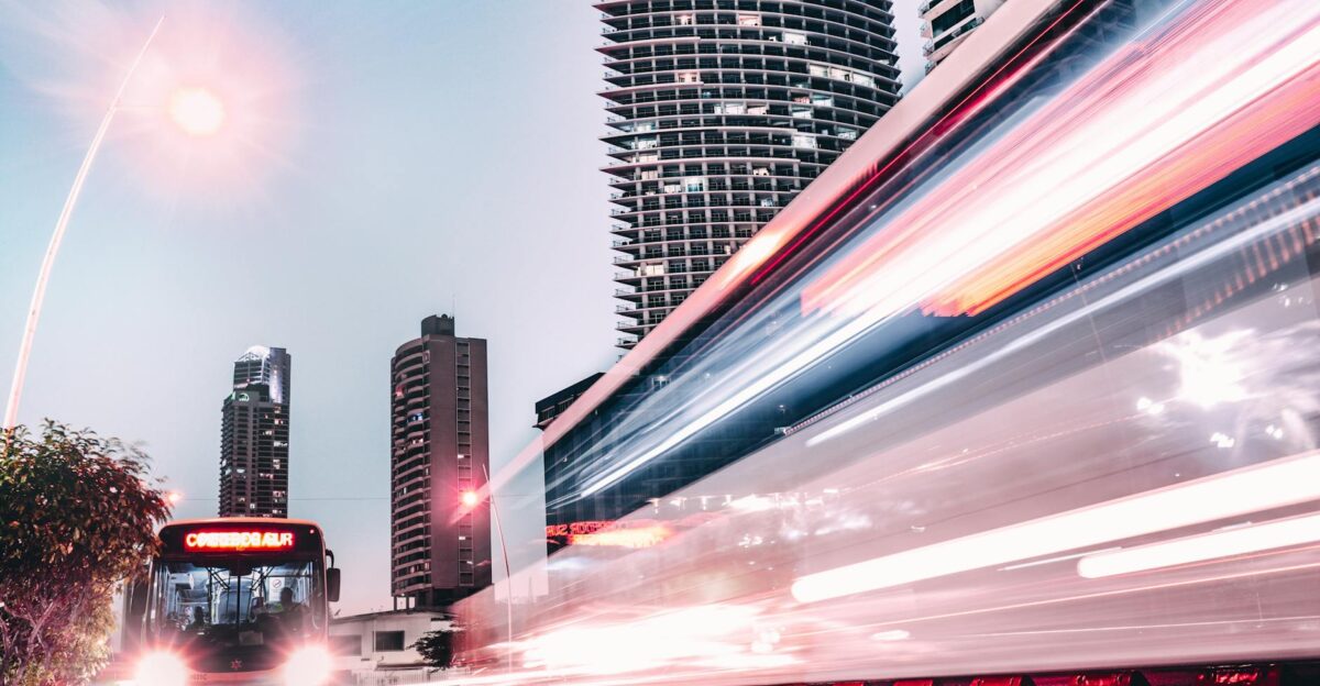 Captivating cityscape with light trails and modern architecture in Panama City captured at night