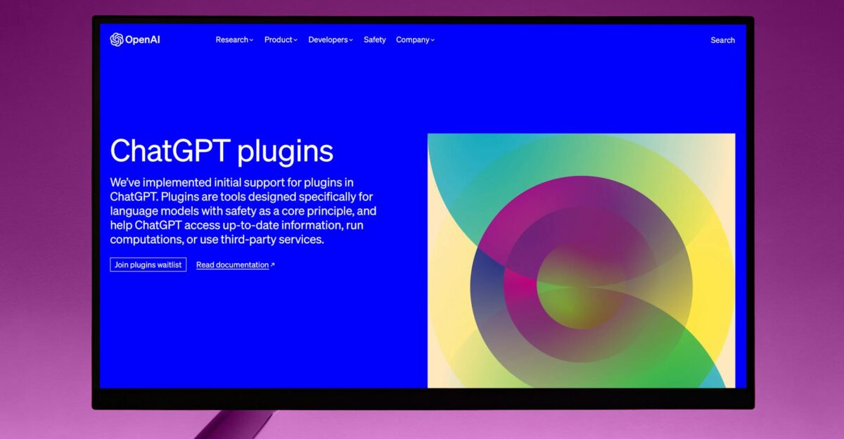 A contemporary screen displaying the ChatGPT plugins interface by OpenAI highlighting AI technology advancements