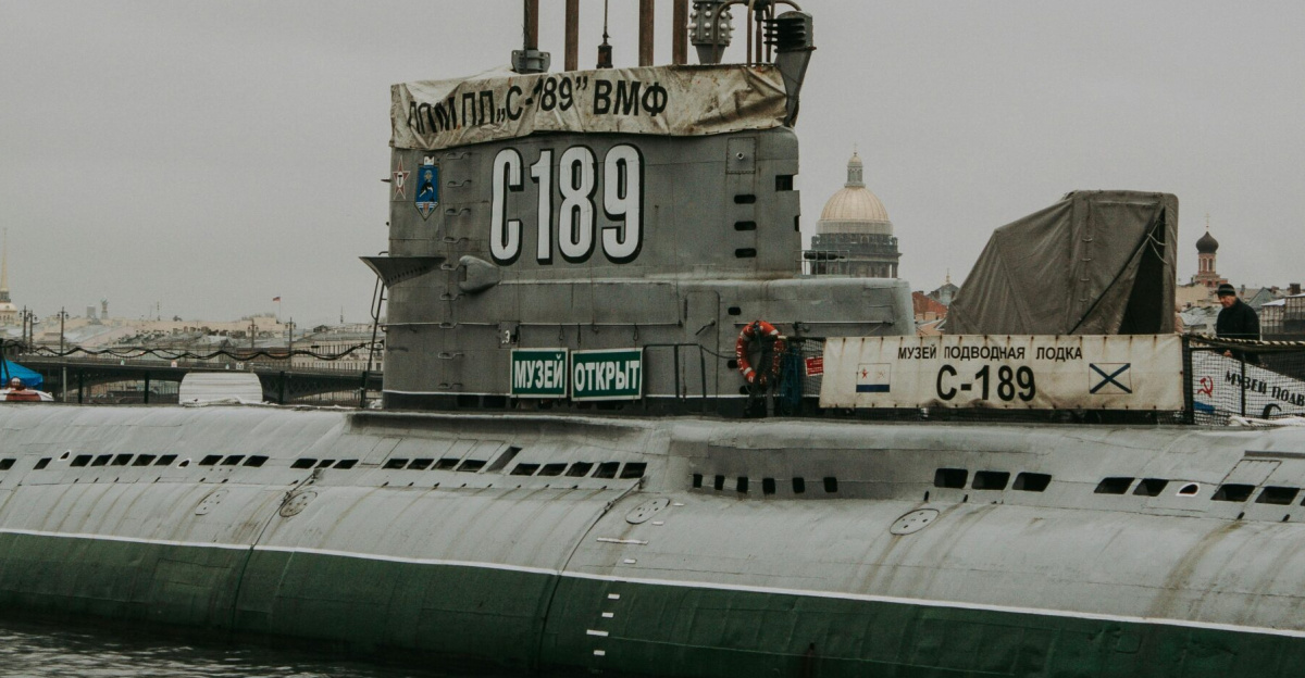 Submarine C-189 docked at museum ship in Saint Petersburg, Russia. Iconic naval landmark.