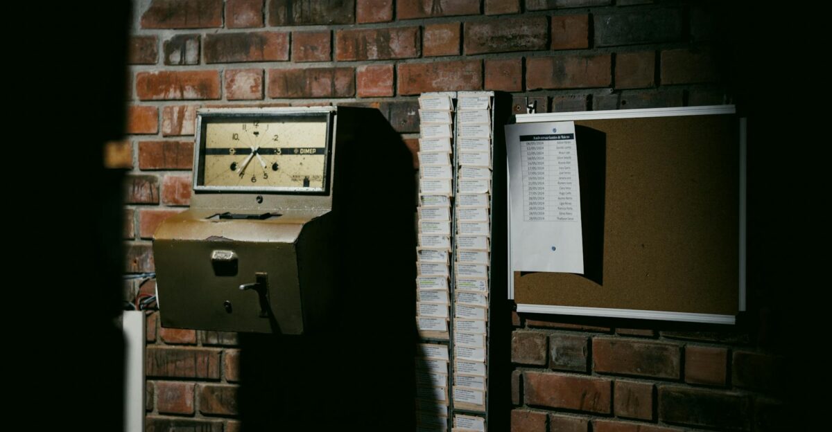 A retro time clock and stack of punch cards against a dark brick wall in an industrial setting