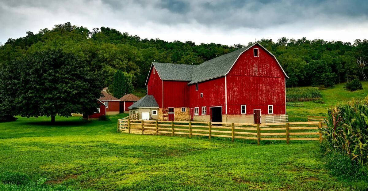 Vibrant red barn amidst lush greenery and cloudy skies in Wisconsin