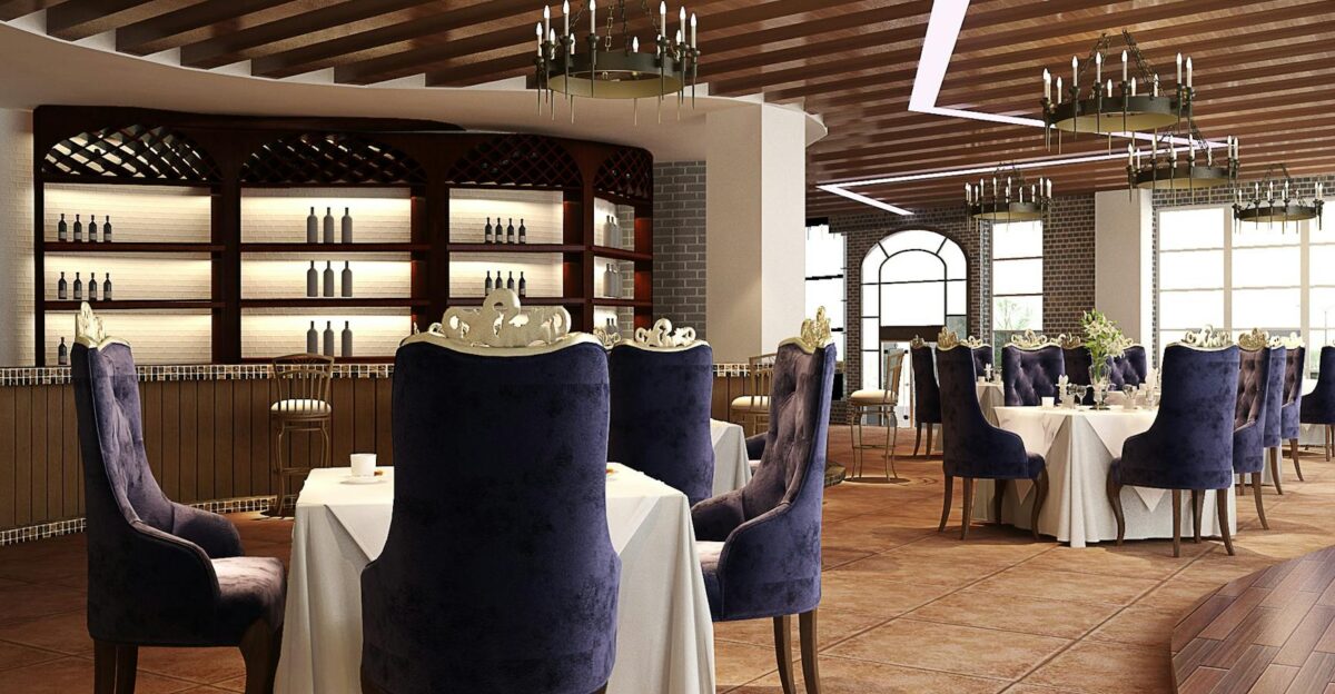 Sophisticated luxury restaurant interior featuring elegant chandeliers and plush seating perfect for fine dining
