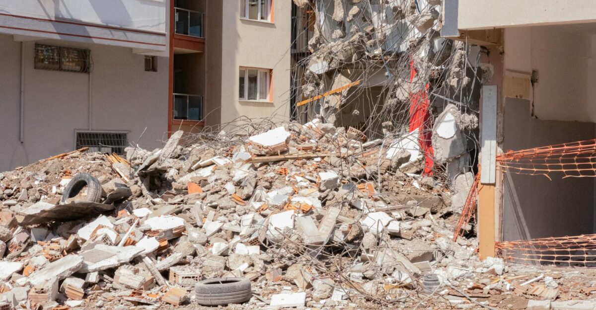 Pile of debris and rubble after demolition in an urban area in zmir T rkiye