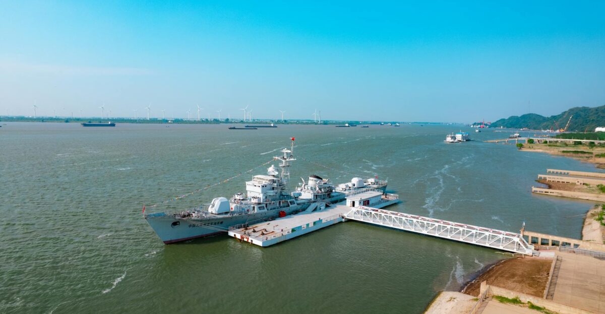 Aerial view of military ships docked at Jiujiang harbor Jiangxi China