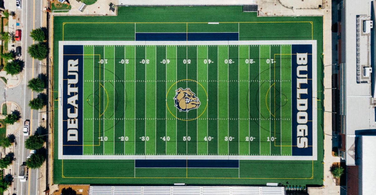 Top-down view of Decatur High School s Bulldogs football field in Georgia USA