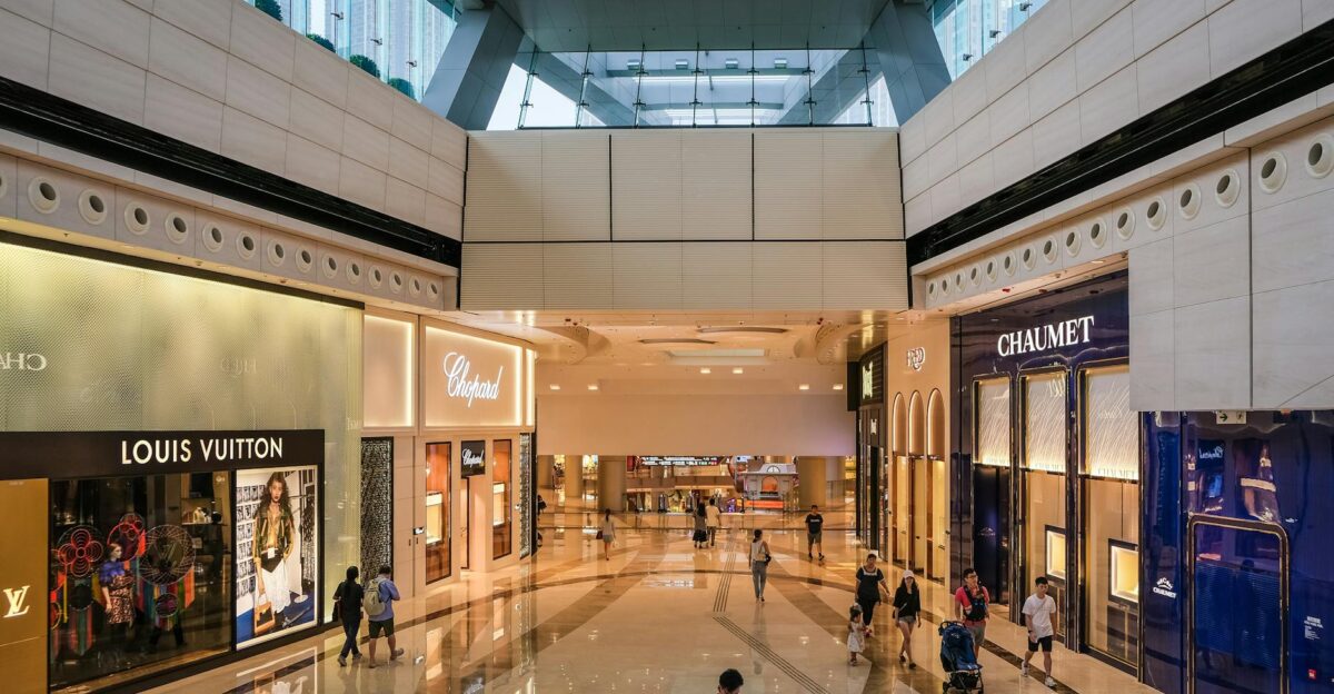 Explore the modern architecture of a luxury shopping mall in Hong Kong