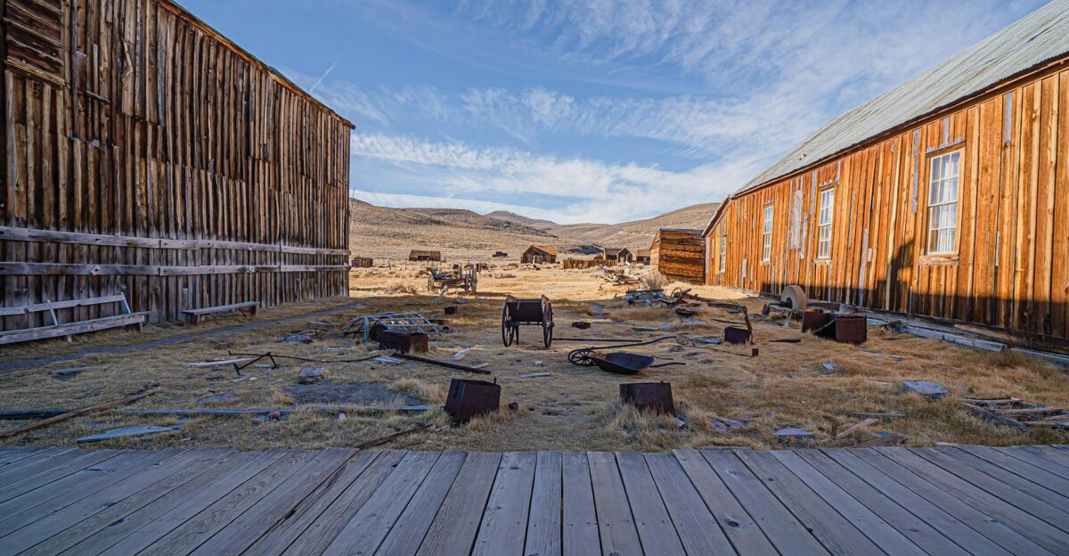 A glimpse into the past in Bodie California s historic ghost town showcasing its wooden buildings and desert landscape