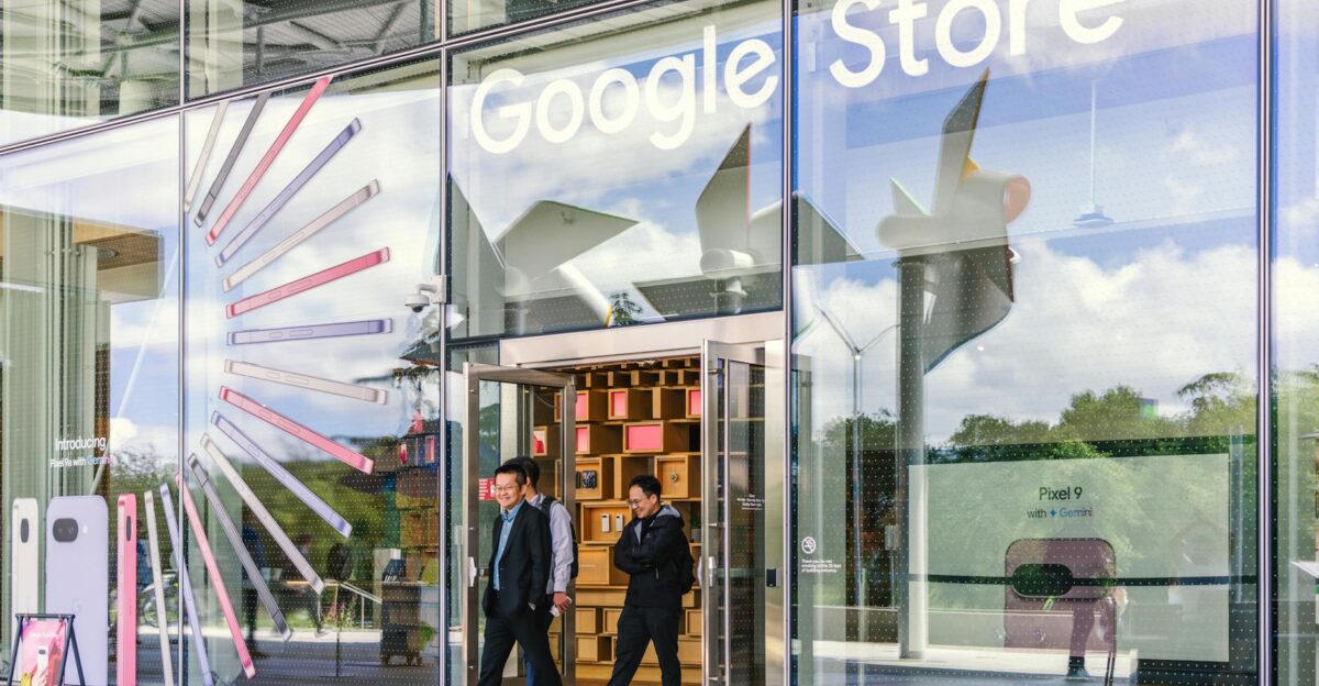Bright and modern Google Store entrance with clear glass facade in Mountain View California