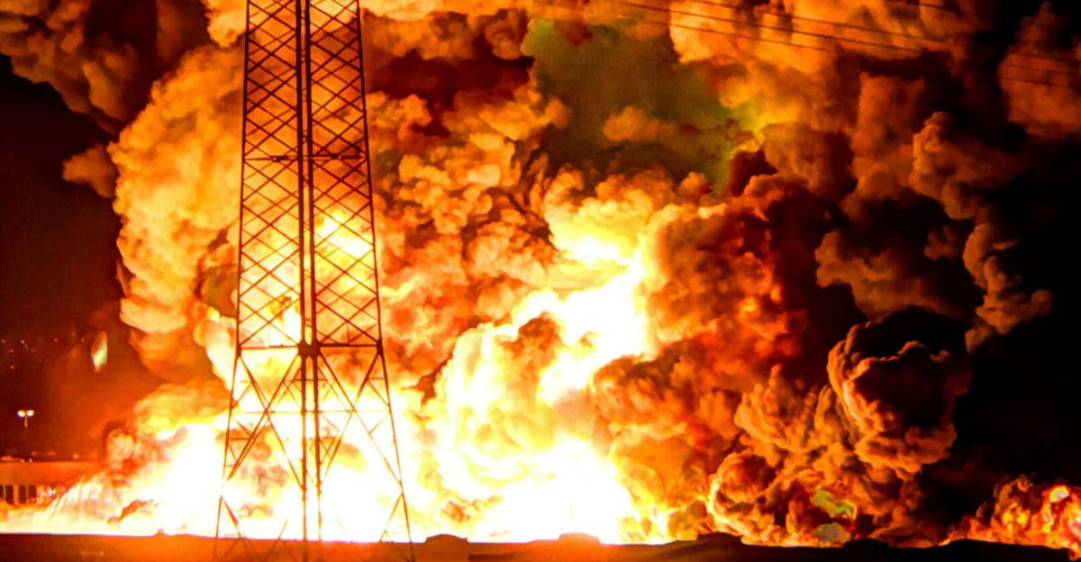 A powerful nighttime explosion at a factory with flames and smoke under power lines.