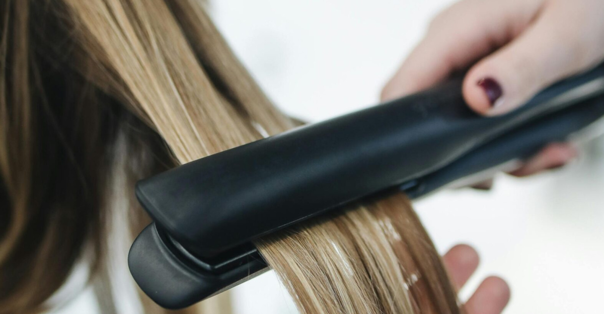 Close-up of a hairstylist using a flat iron on blonde hair in a salon setting.