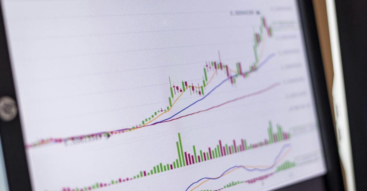 Close-up of a trading screen showing an increasing stock market chart