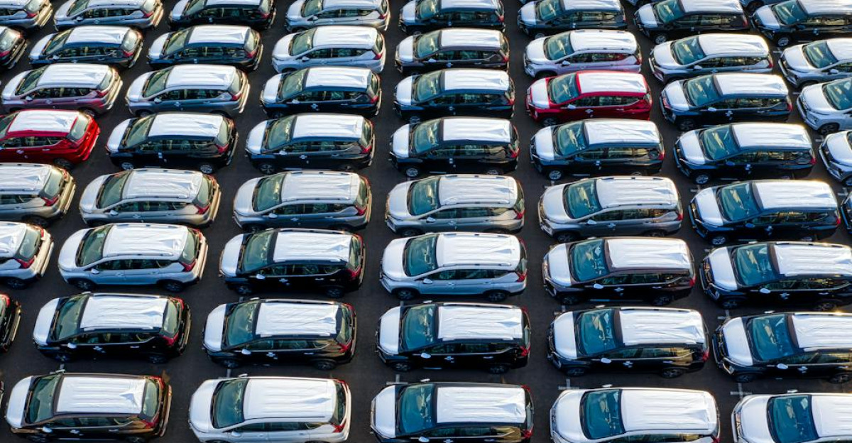From above of many modern new automobiles placed on asphalt near factory in daytime