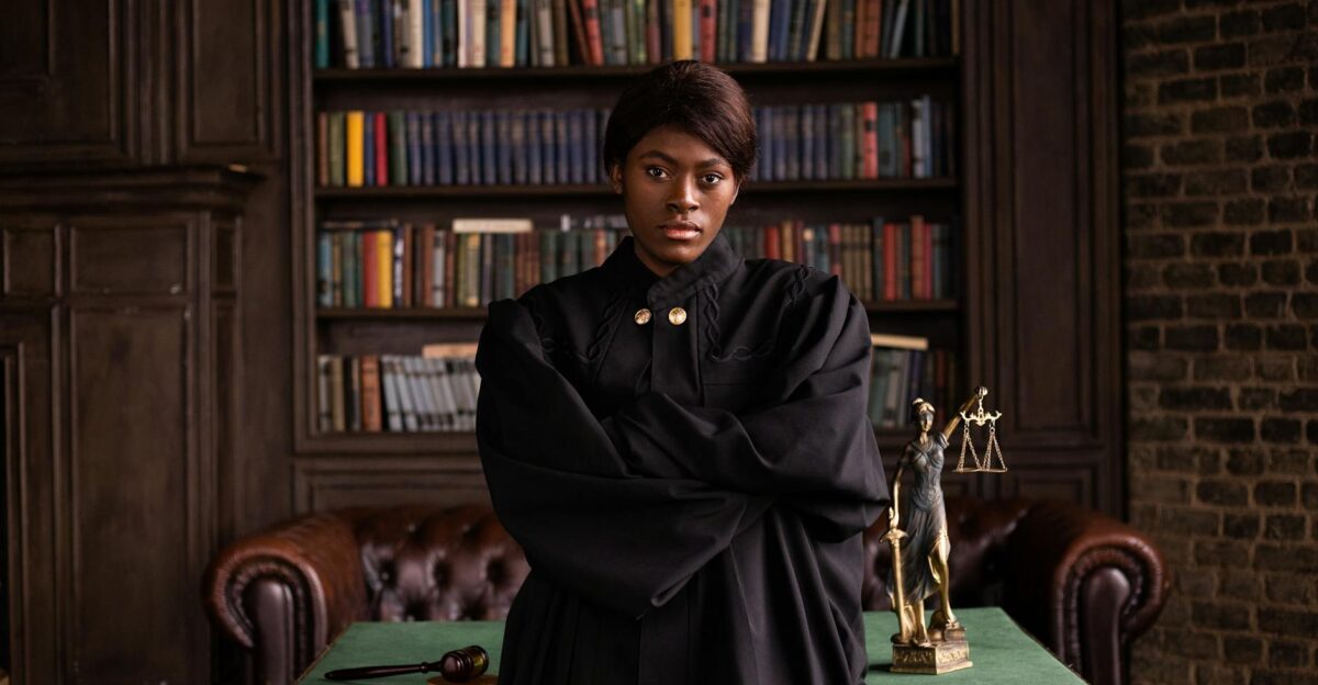 A confident female judge in a formal robe posing in a classic legal library setting