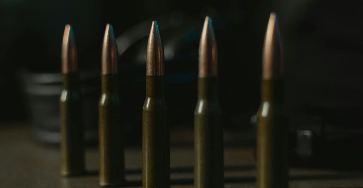 Detailed close-up image of bullet cartridges aligned in a row showcasing ammunition design
