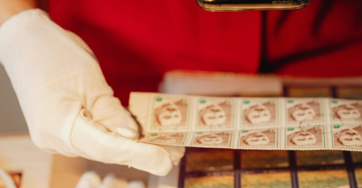 A person in gloves photographs a stamp collection using a smartphone for digital archiving.