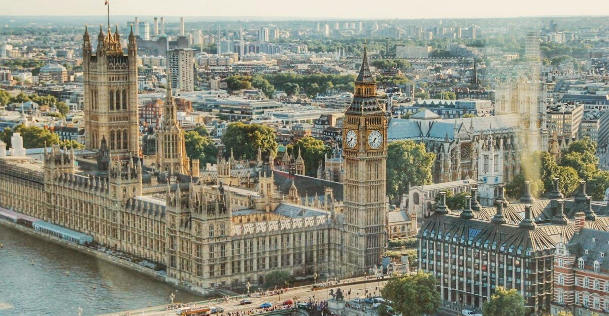 Stunning aerial view of London s iconic Big Ben and the river Thames under daylight
