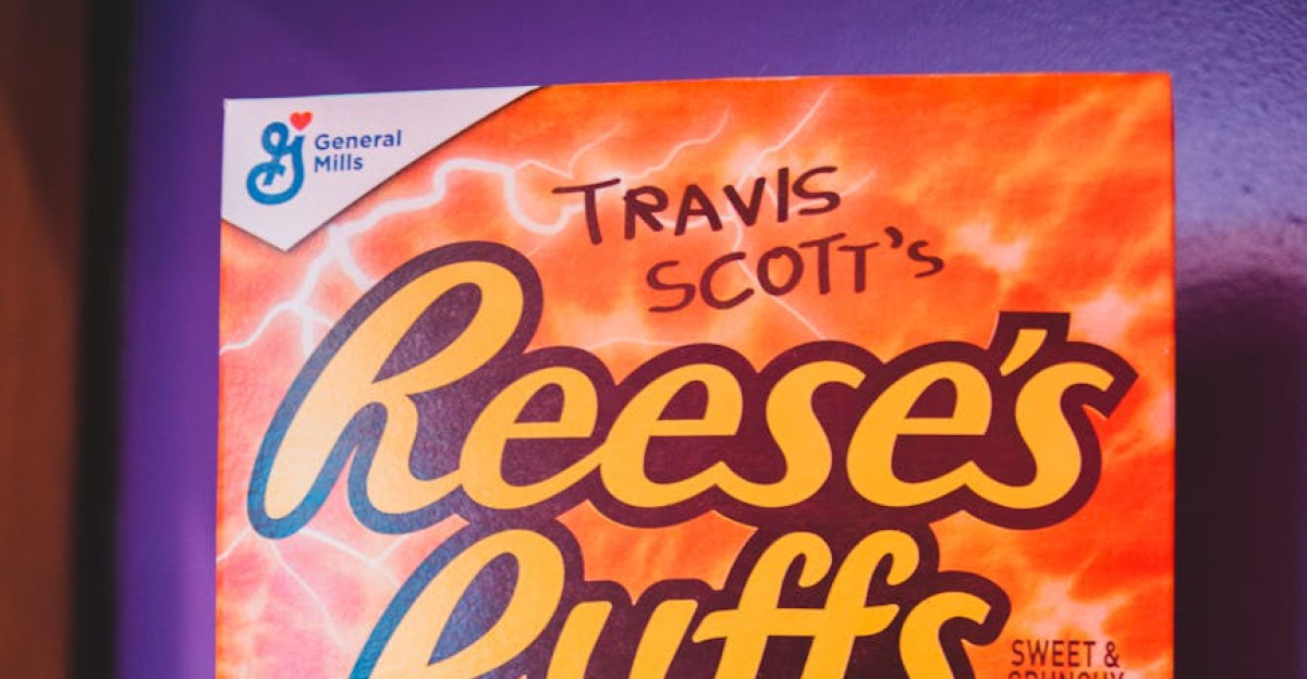 Vibrant shot of Travis Scott s Reese s Puffs cereal box on a table indoors