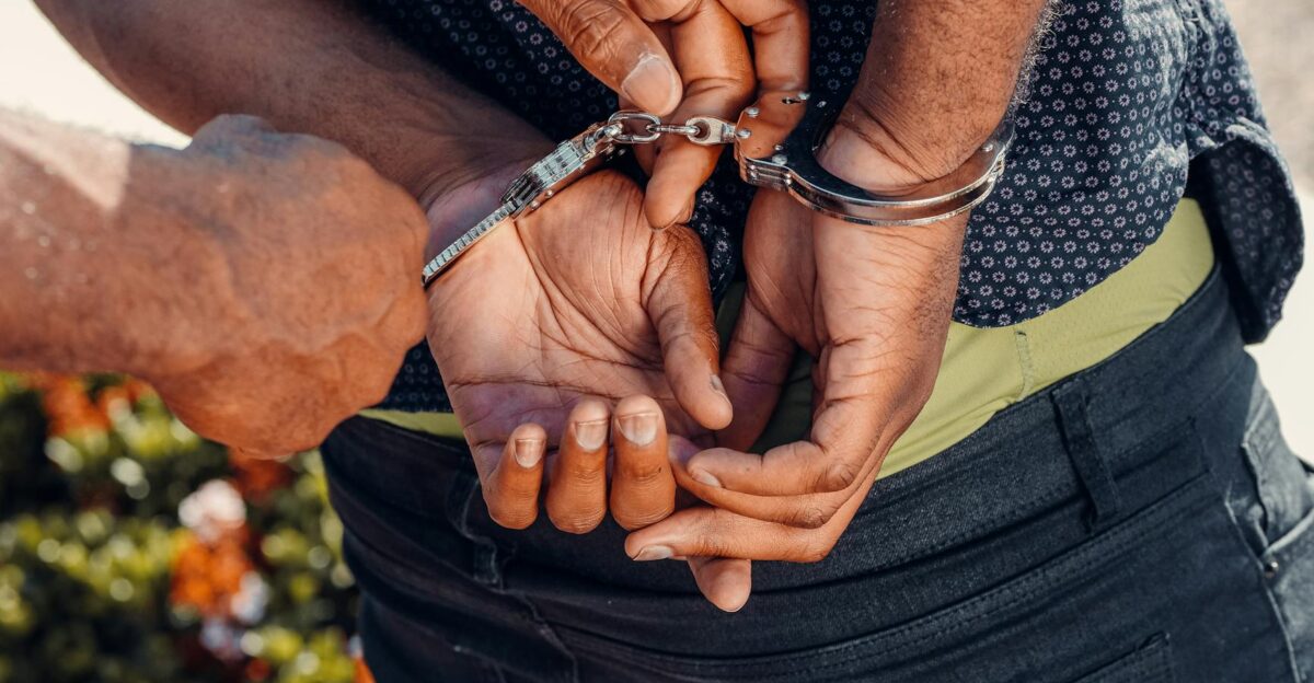 Close-up of a police officer handcuffing a man outdoors Law enforcement in action