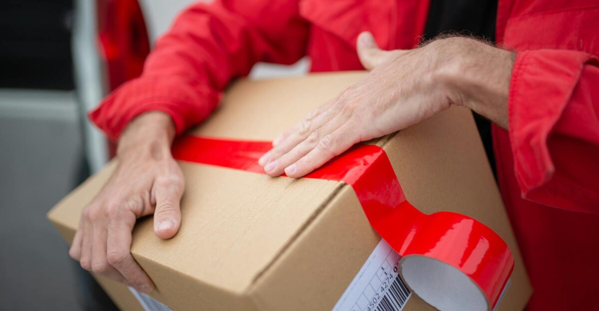 A courier in red uniform sealing a cardboard package with red tape for delivery