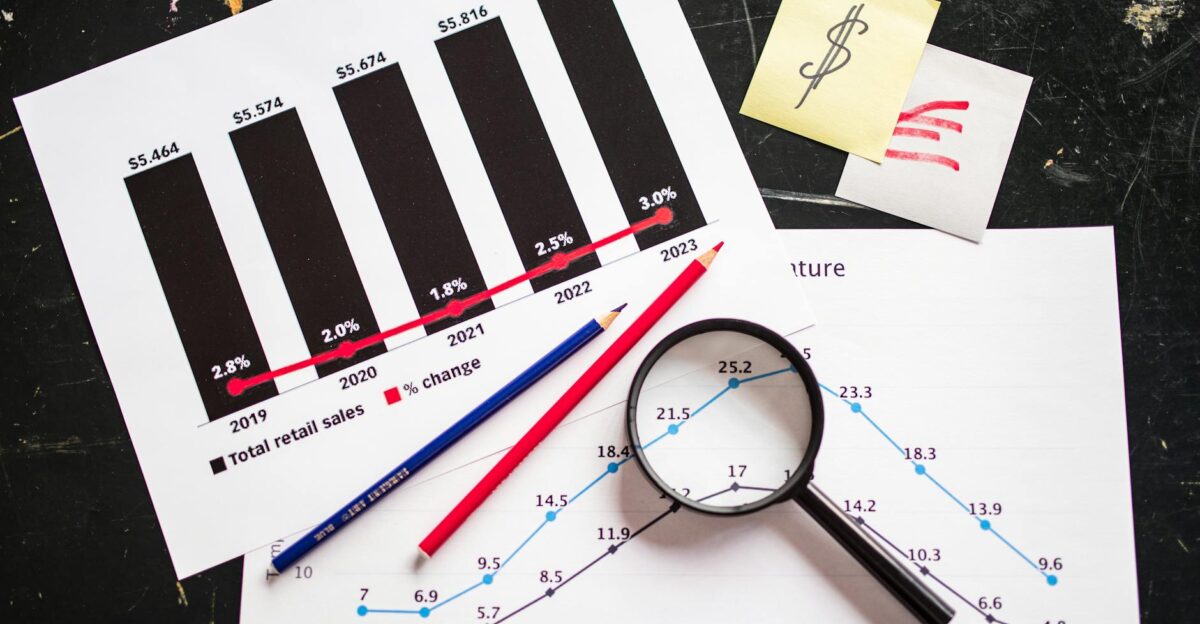 Charts and graphs highlighting retail sales growth utilizing a magnifying glass for detail