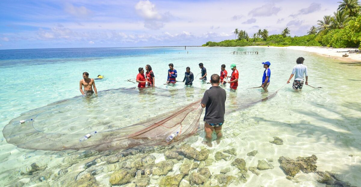 Group of fishermen fishing with a net in the clear tropical waters of the Maldives