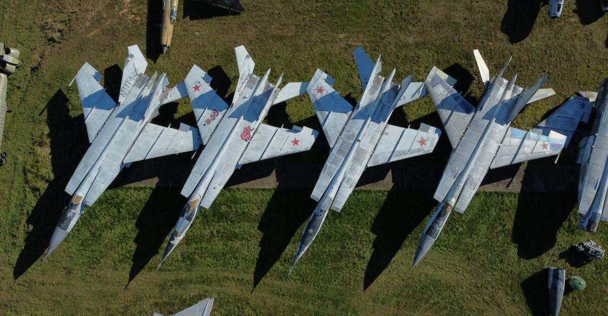 Top view of military jets lined up on a grassy field in Medyn Russia