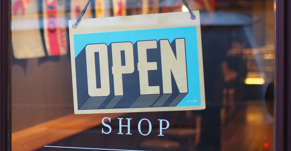 gray and blue Open signage
