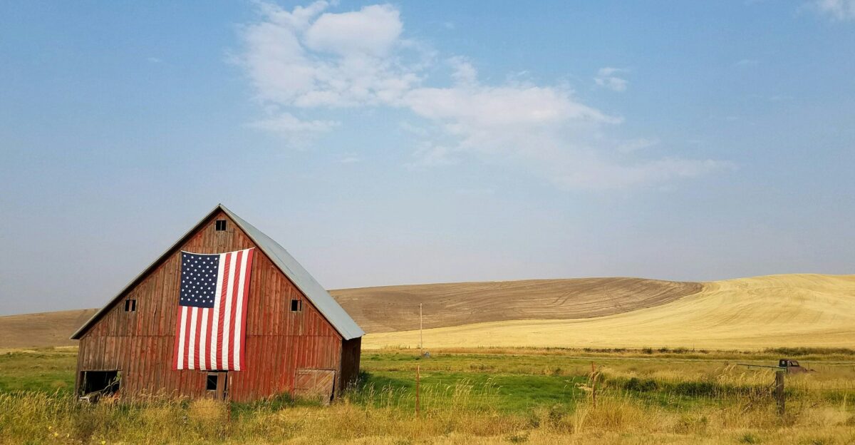 flag of United States of America hanged on brown house during daytime