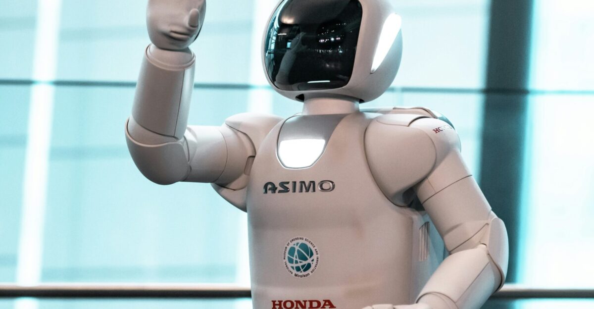 person in orange and white robot costume