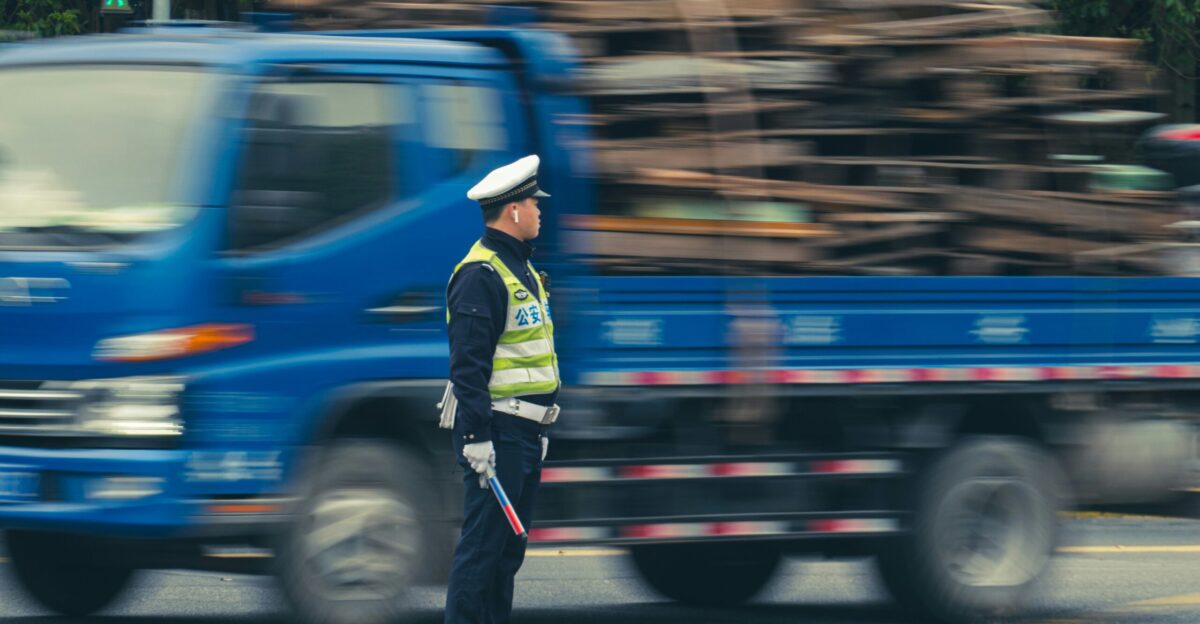 man in black and yellow jacket and black pants standing beside blue van during daytime