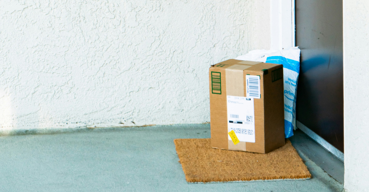 a cardboard box sitting in front of a door
