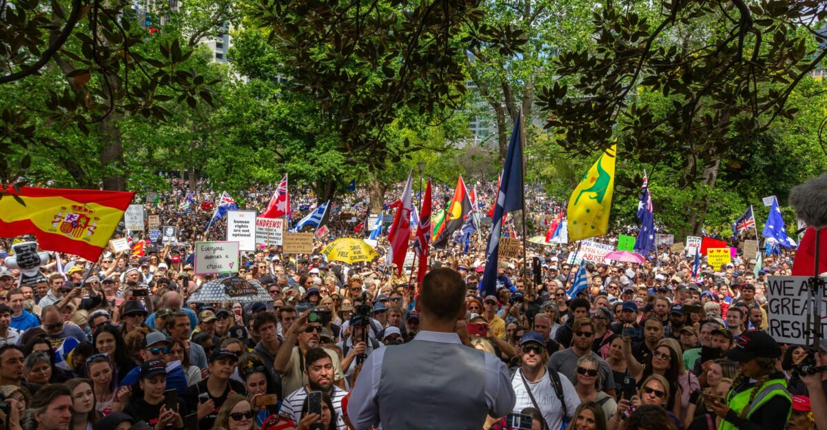 a large crowd of people holding flags and signs