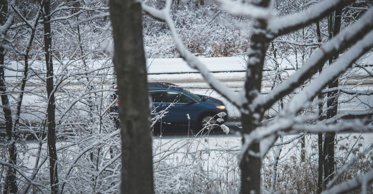 a blue car driving through a snow covered forest
