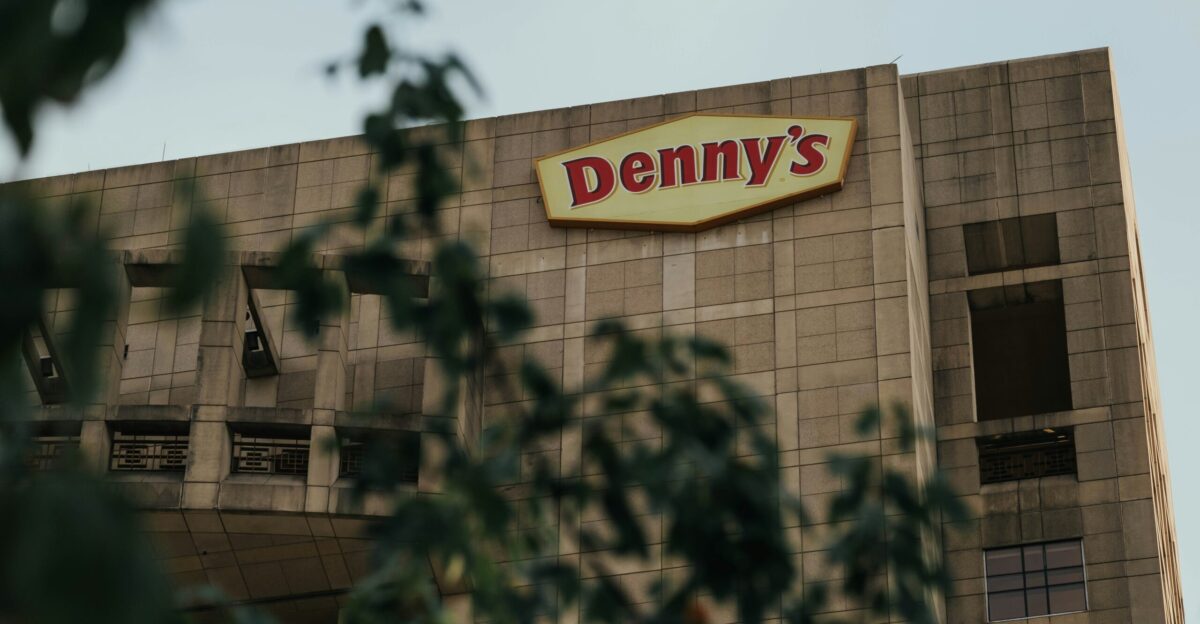 a large building with a sign on it