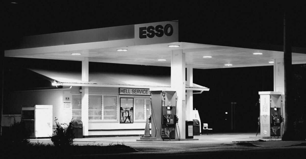 a gas station at night