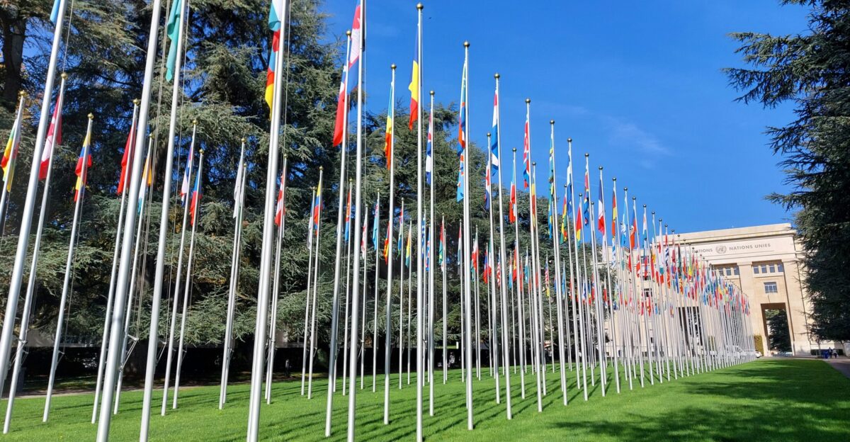 a row of flags in front of a building