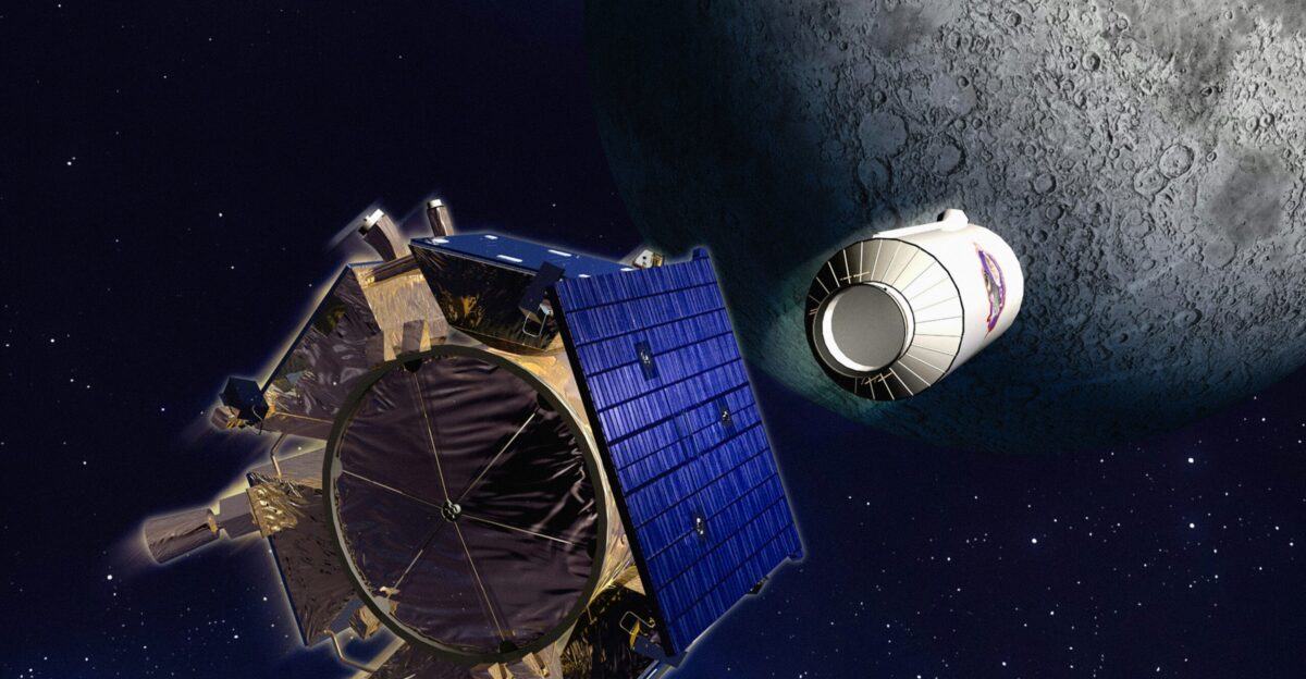 an artist s rendering of a satellite in front of the moon